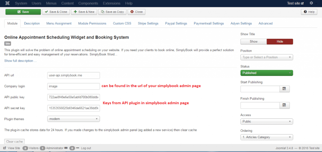 Joomla settings for appointment booking software